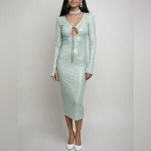 ✨Y2K Mint Green Sequin Cutout Midi Dress Long Sleeve Open Back Tie
